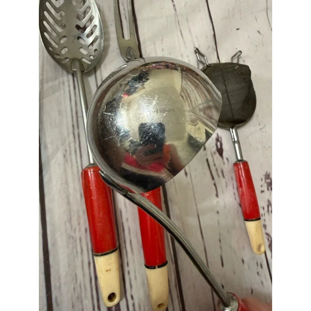 Vintage lot of 4 Kitchen Utensil Red Handle Strainer Ladle Spoon Meat Fork
